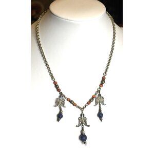 Vintage Angel Pendant Necklace With Lapis Beads & Brass Chain